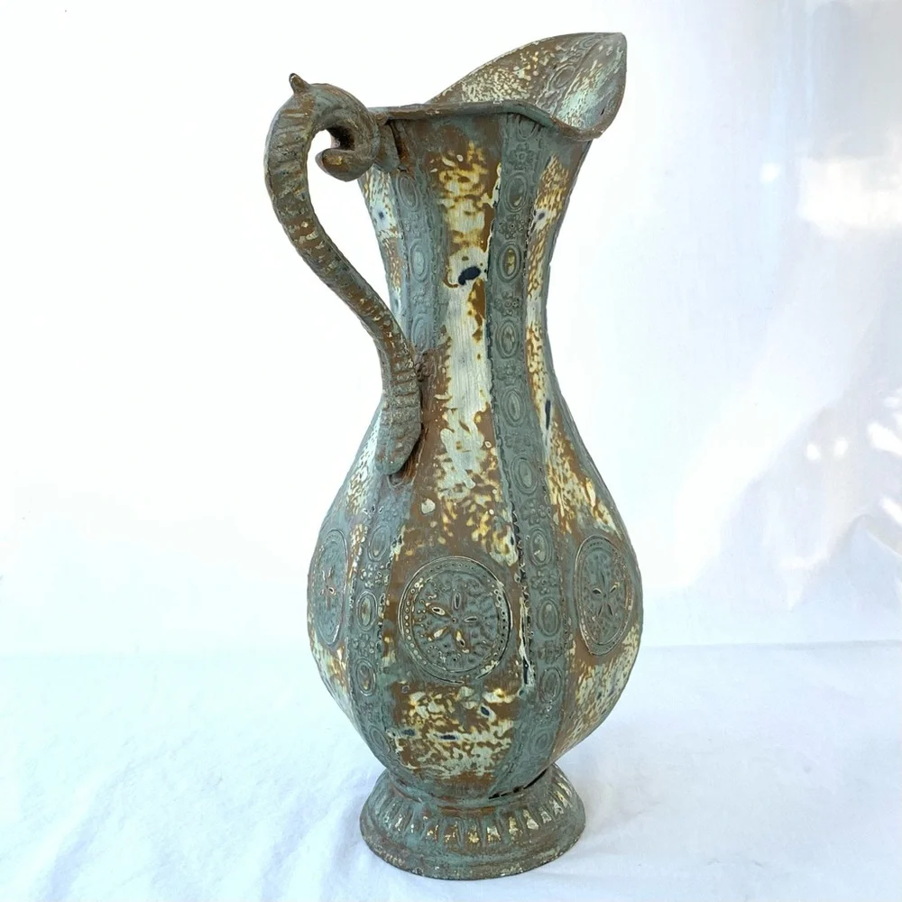 Rustic Textured Intricate Pattern Metal Footed Decorative Pitcher Vase